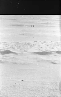 a black and white photo of a group of people on the moon