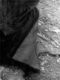 a black and white photo of a woman wearing a fur coat